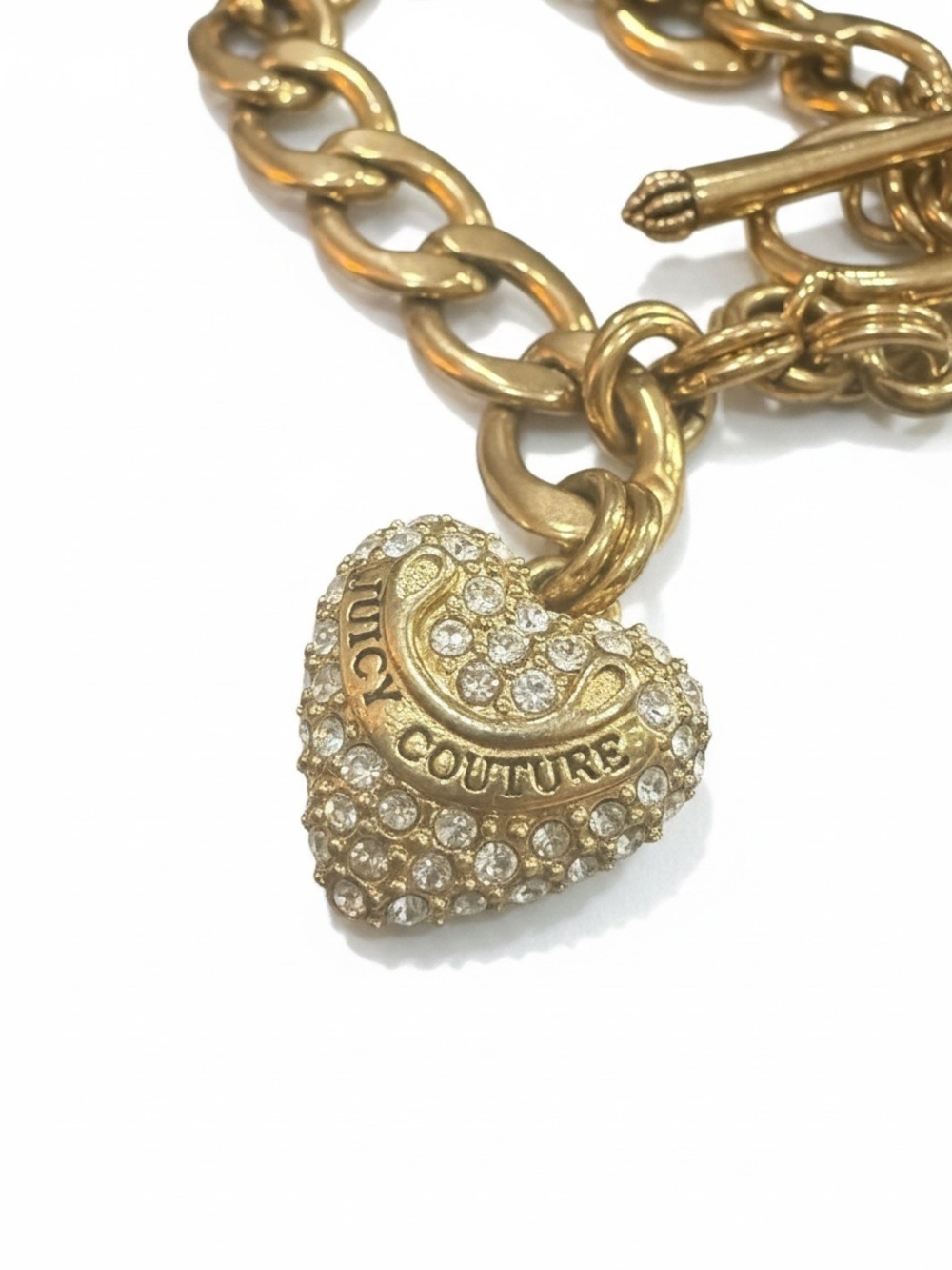 Juicy Couture Gold Tone Chunky Toggle Bracelet Pavé Crystal Heart Charm Y2K